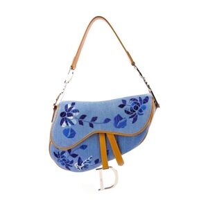 RARE Christian Dior 2005 Denim Embroidered Floral Saddle Bag